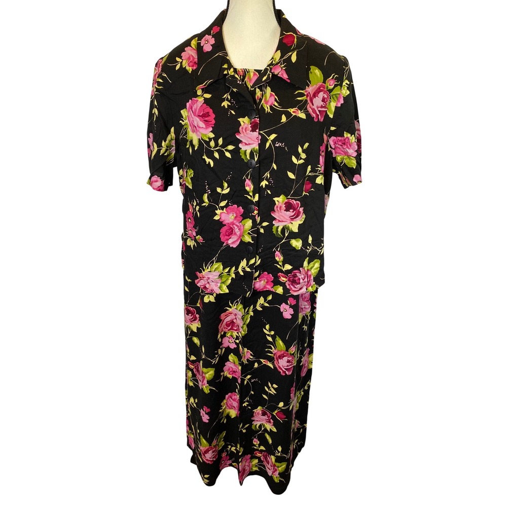 Expressions Plus Maxi Dress Set Women 18W Black Floral 2pc Vintage Rayon Rose